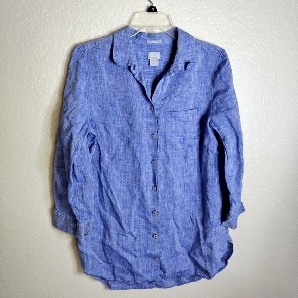 Chicos No Iron Linen Tunic Top Shirttail High Low 3/4 Sleeve Sz 8 - Picture 1 of 9